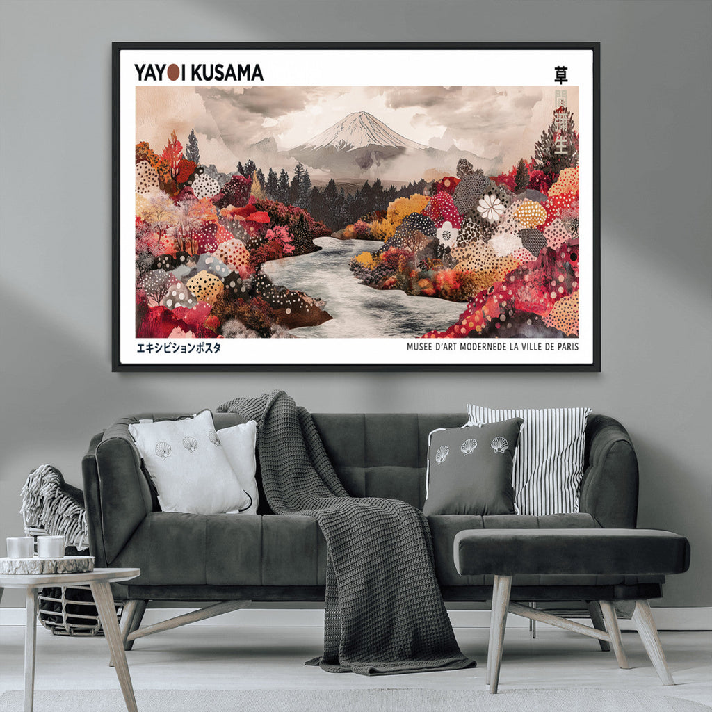 Modern Japanese Wall Art Canvas Print, Framed Abstract Mount Fuji Art, Yayoi Kusama Japanese Landscape