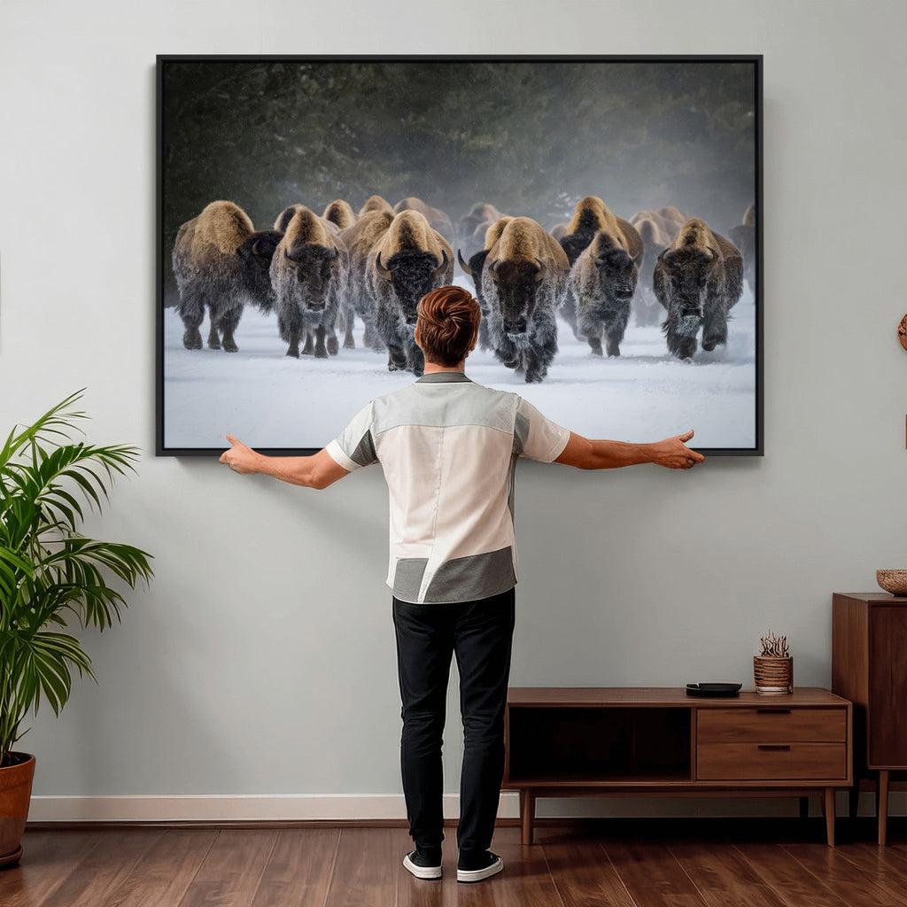 Bison Herd Wall Art Canvas Print, Framed Rustic Wildlife Decor, Snowy Bison Landscape