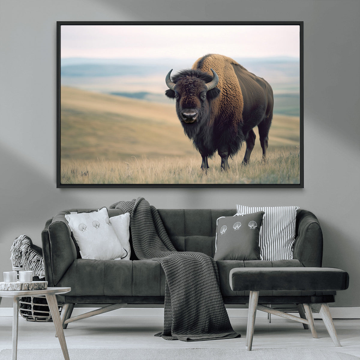 Bison Wall Art Canvas Print, Framed American Buffalo Rustic Western Artwork