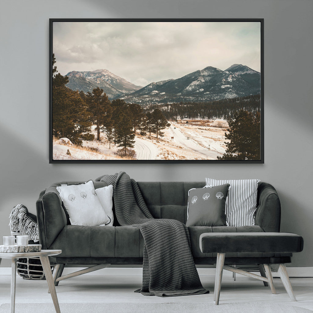 Mountain Landscape Wall Art Canvas Print, Framed Snowy Peaks Alpine Winter