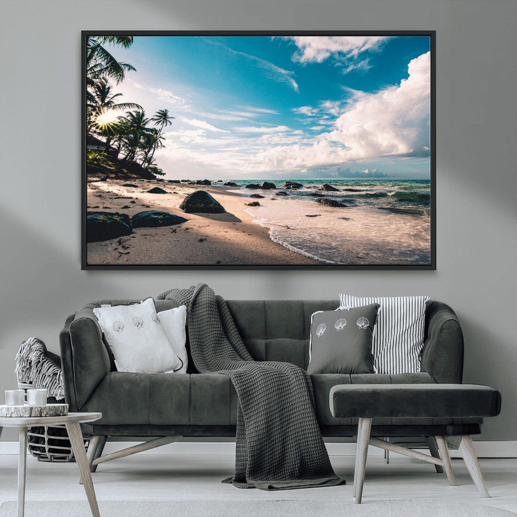 Tropical Beach Wall Art Canvas Print, Framed Ocean Waves Relaxing Seascape