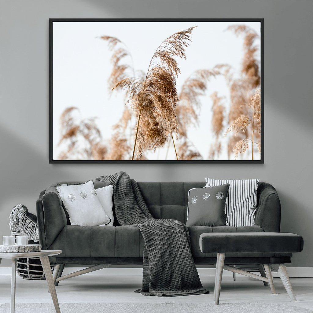 Pampas Grass Wall Art Canvas Print, Framed Neutral Tones Minimalist Boho
