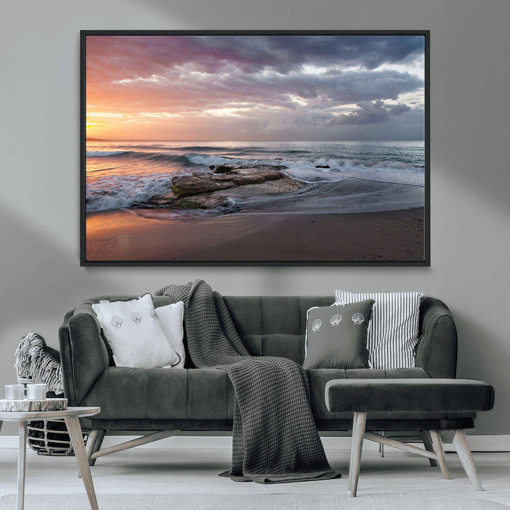 Golden Hour Wall Art Canvas Print, Framed Tranquil Waves Beach Sunset