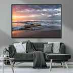 Golden Hour Wall Art Canvas Print, Framed Tranquil Waves Beach Sunset