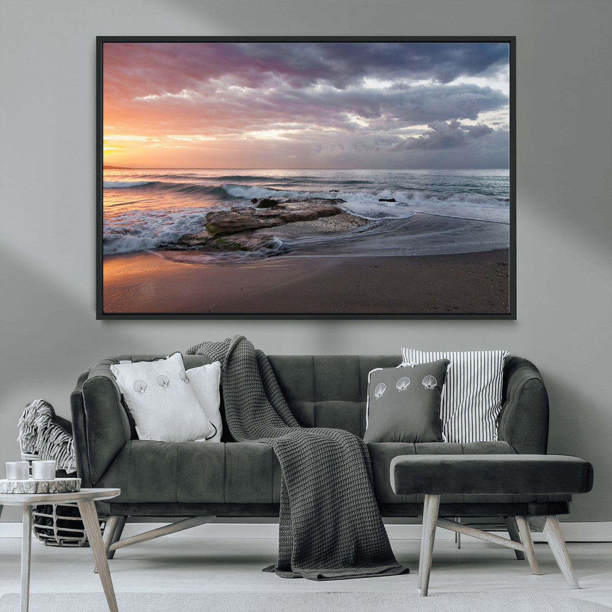 Golden Hour Wall Art Canvas Print, Framed Tranquil Waves Beach Sunset