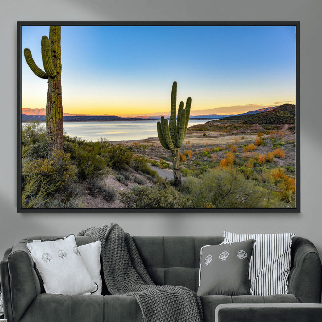 Saguaro Cactus Wall Art Canvas Print, Framed Desert Sunset Southwestern