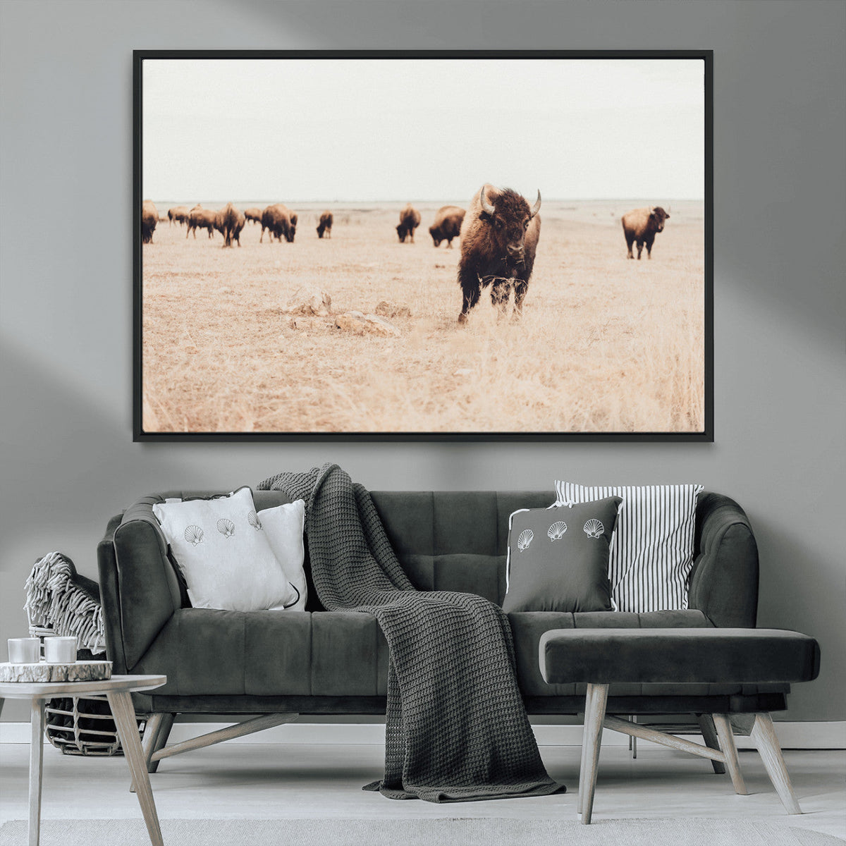 Bison Herd Wall Art Canvas Print, Framed Western Prairie Serenity