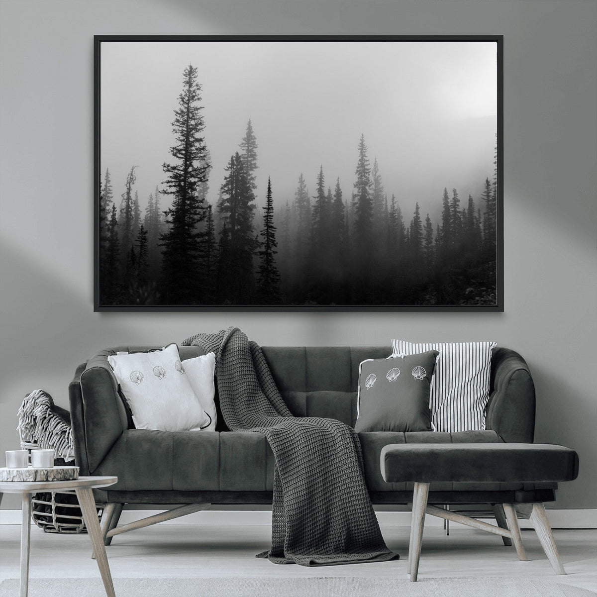 Misty Pines Wall Art Canvas Print, Framed Woodland Minimalist Black and White