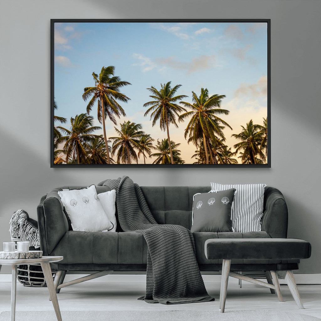 Palm Trees Wall Art Canvas Print, Framed Tropical Vibes Coastal Sunset