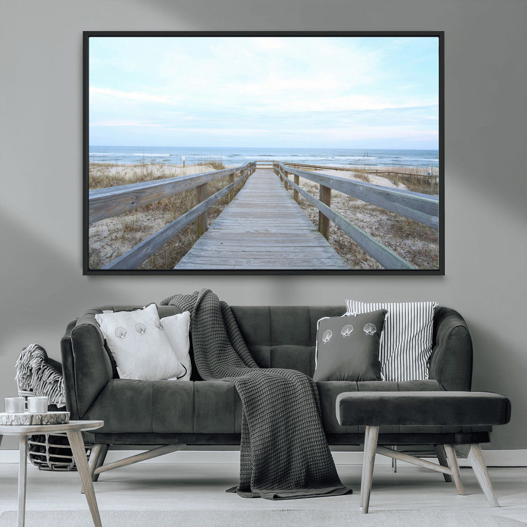 Beach Boardwalk Wall Art Canvas Print, Framed Coastal Serenity Ocean View