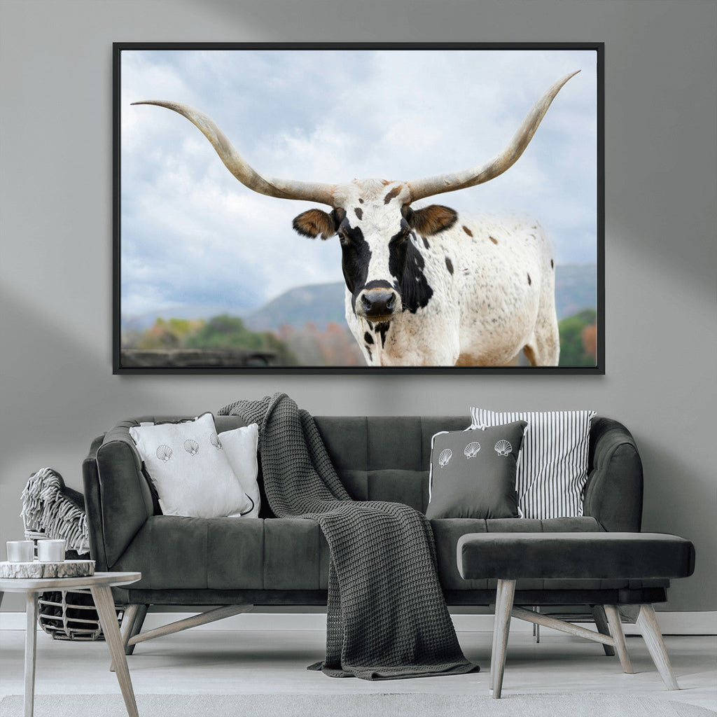Texas Longhorn Wall Art Canvas Print, Framed Western Rustic Farmhouse