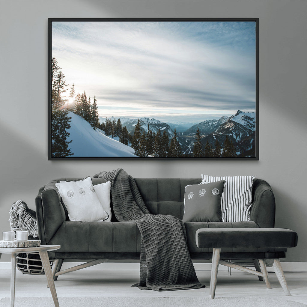 Snowy Mountains Wall Art Canvas Print, Framed Alpine Landscape Frosty Peaks Artwork