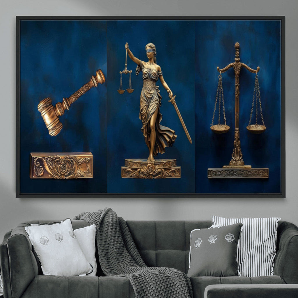 Lady Justice Wall Art Canvas Print, Elegant Gold Legal Symbols on Blue, Law Office Decor
