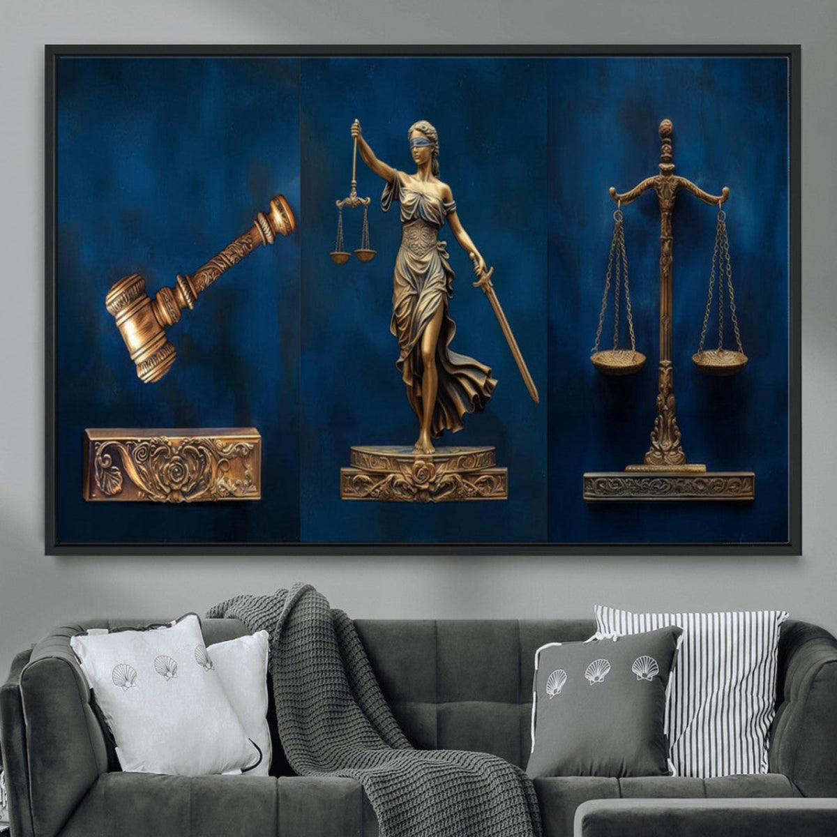 Lady Justice Wall Art Canvas Print, Elegant Gold Legal Symbols on Blue, Law Office Decor
