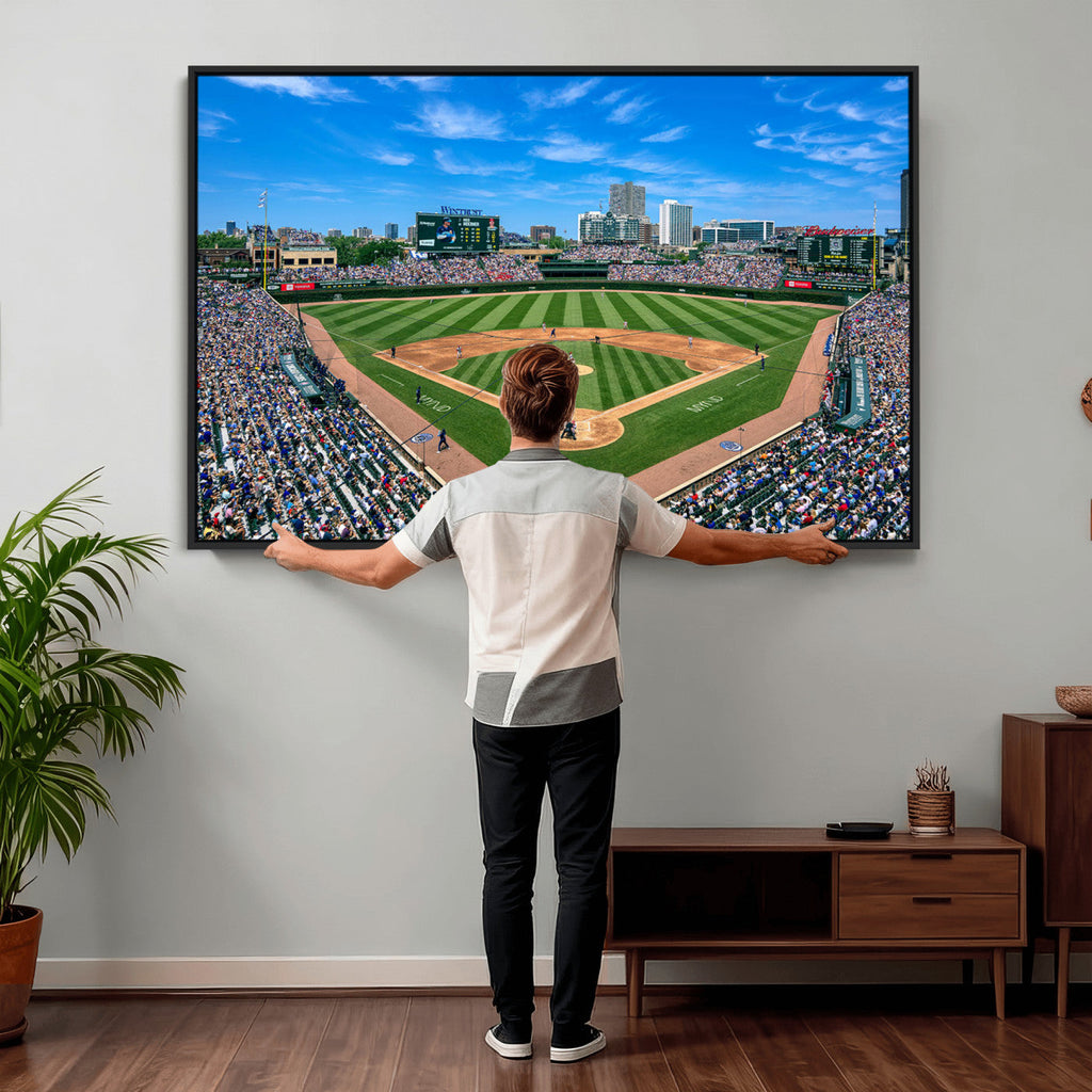 Wrigley Field Baseball Stadium Canvas Wall Art, Packed Crowd and Chicago Skyline