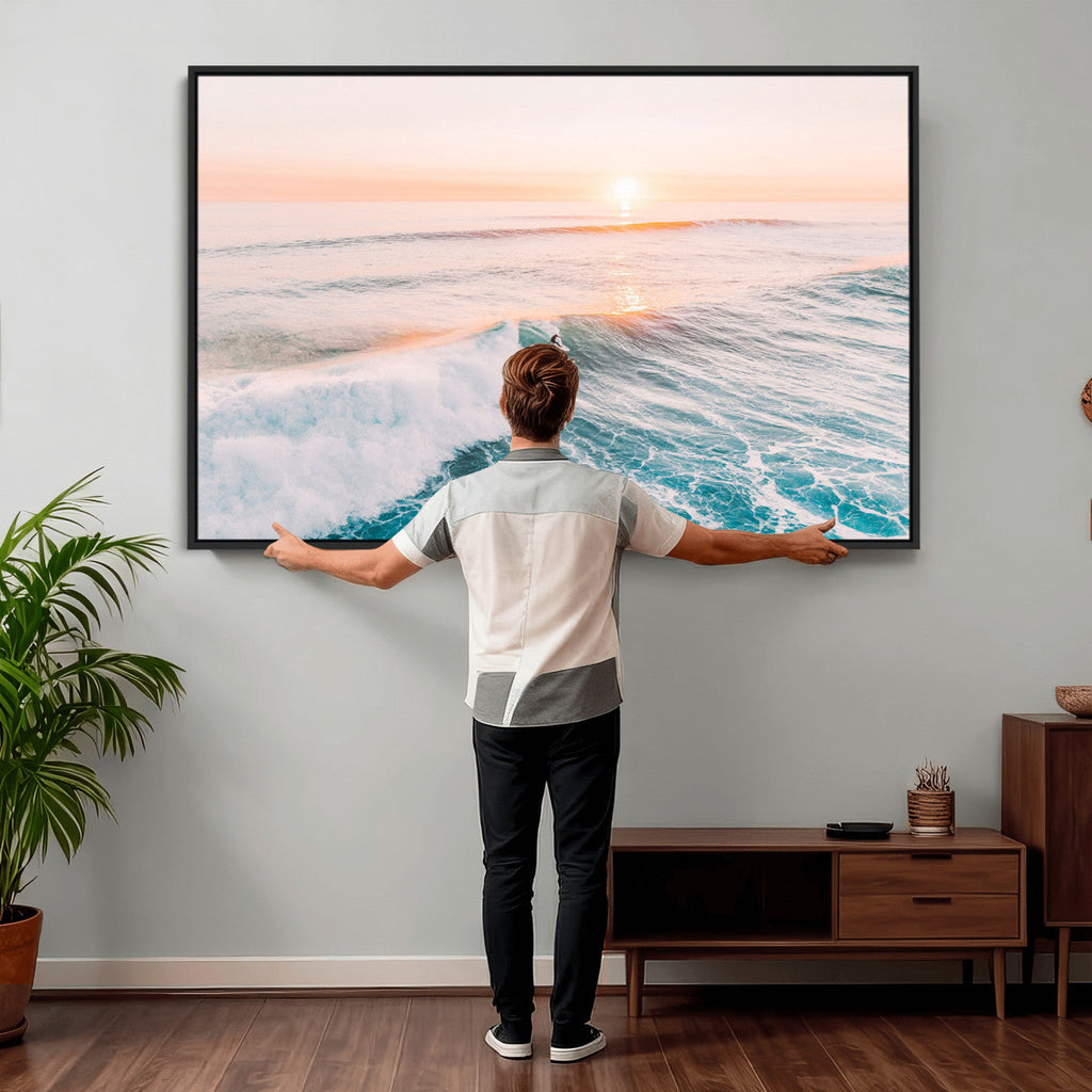 Sunset Surfing Wall Art Canvas Print, Ocean Wave Surfer with Golden Sky