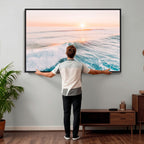 Sunset Surfing Wall Art Canvas Print, Ocean Wave Surfer with Golden Sky