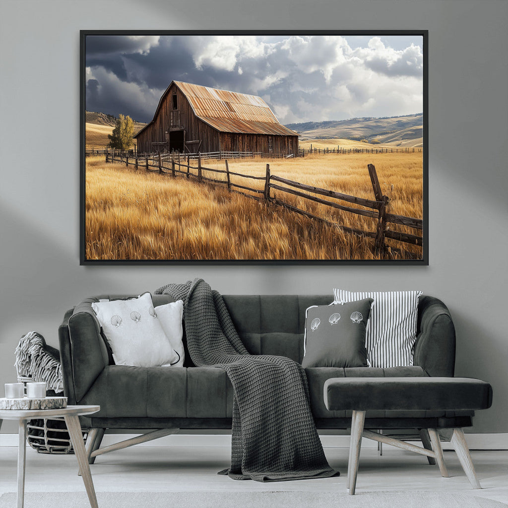 Golden Wheat Field Barn Canvas Print, Rustic Farm Landscape Under Dramatic Sky