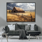 Golden Wheat Field Barn Canvas Print, Rustic Farm Landscape Under Dramatic Sky