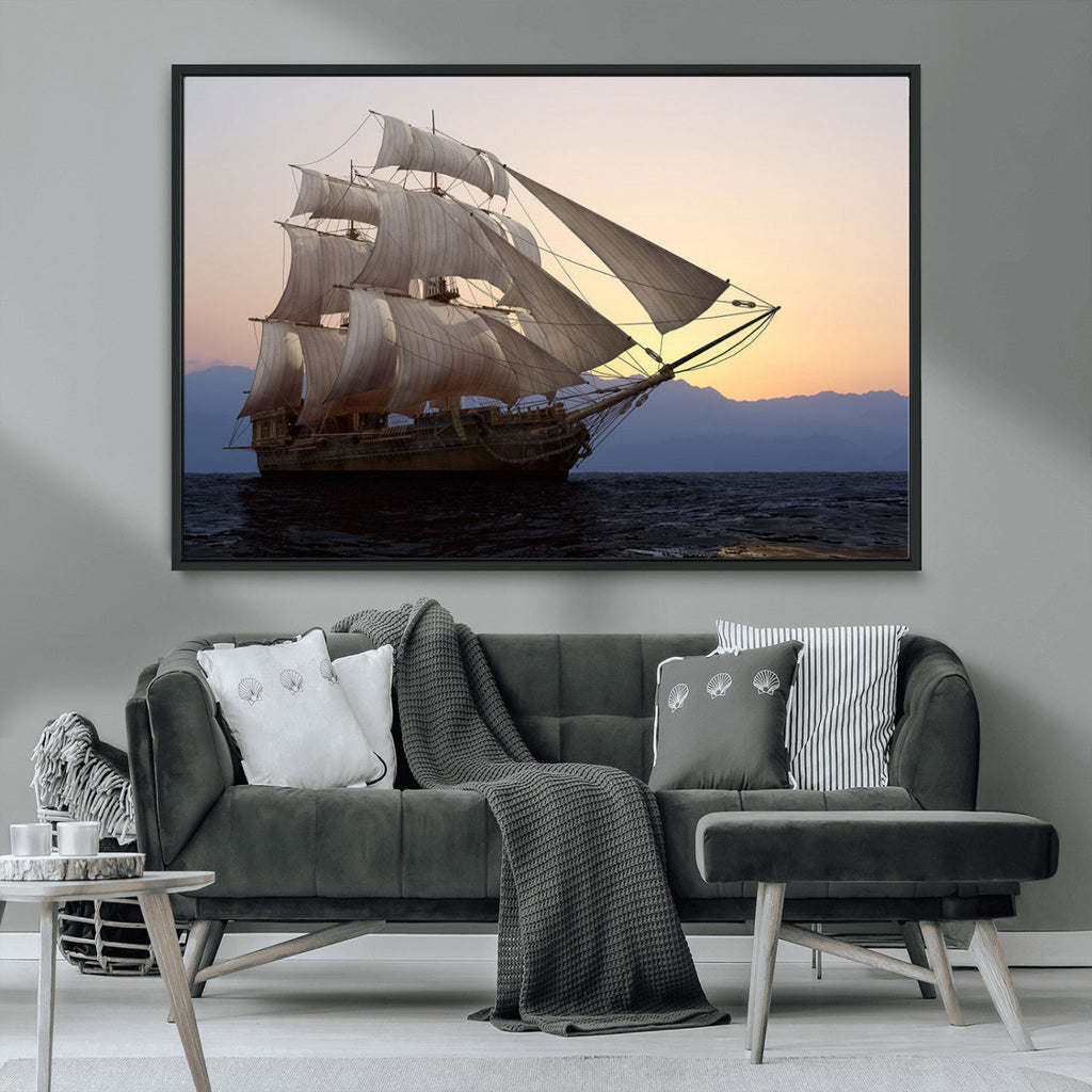 Majestic Sailing Ship Wall Art Canvas Print, Sunset Ocean Voyage with Tall Ship