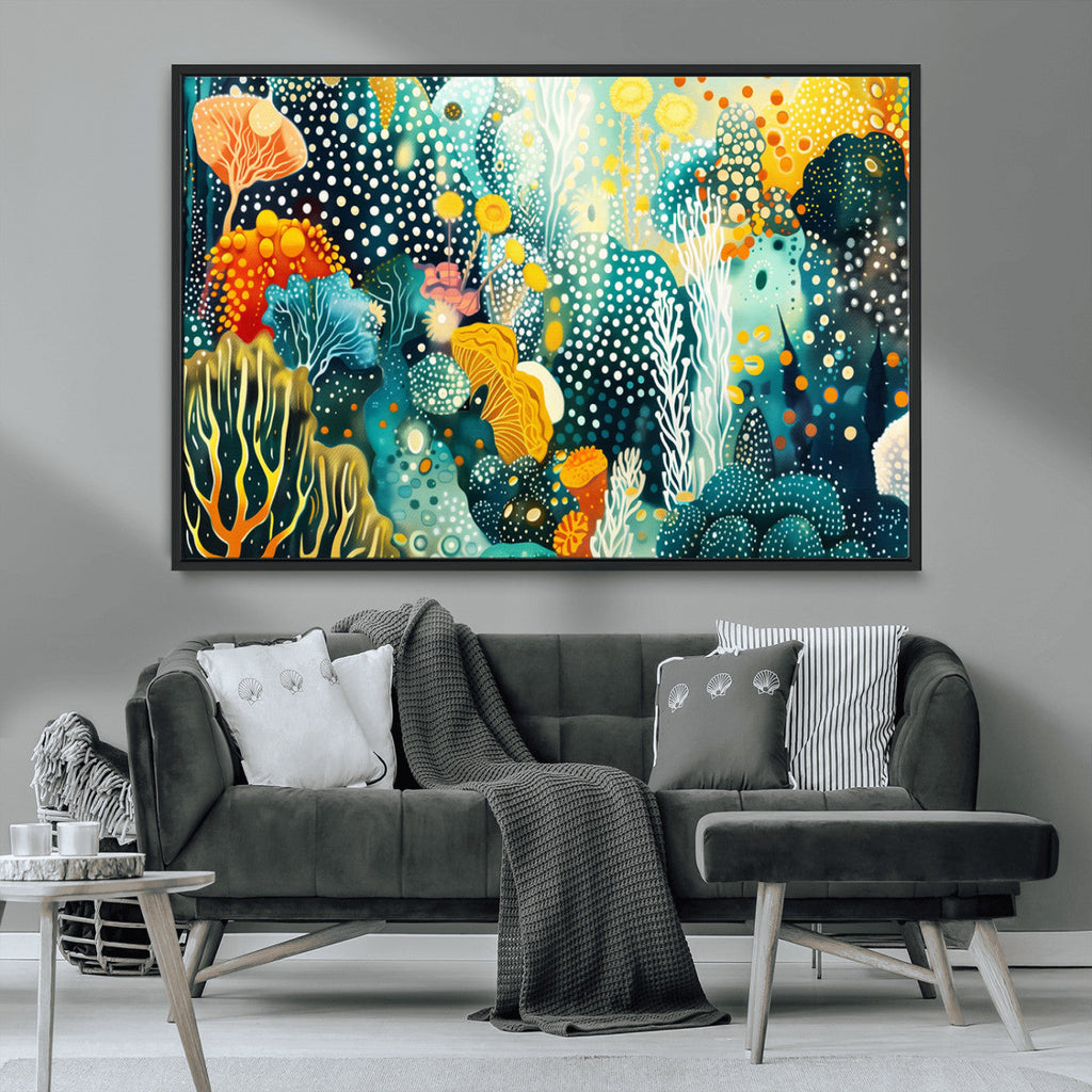 Luminous Abstract Ocean Garden Wall Art Canvas Print, Vibrant Coral Reef Marine Life