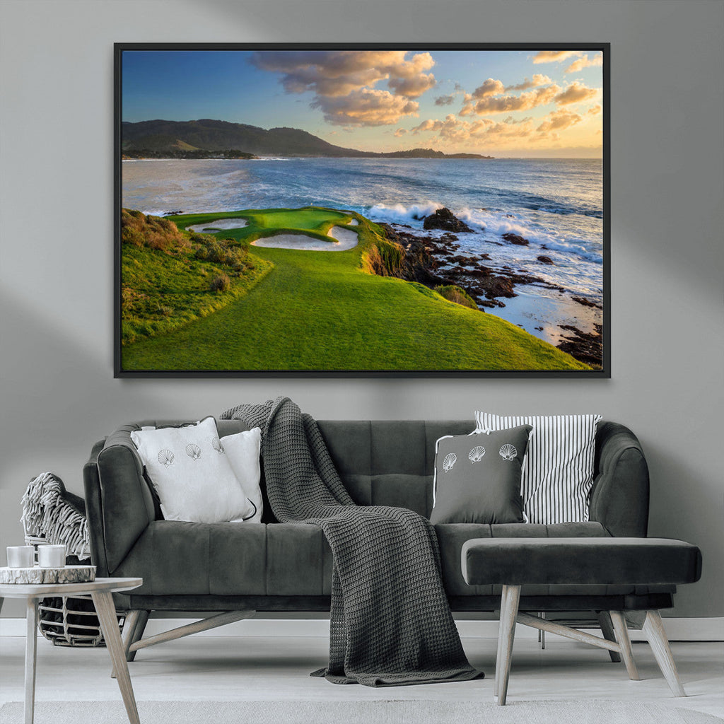 Coastal Golf Course Wall Art Canvas Print, Sunset with Rolling Green Fairways and Ocean Waves