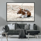 Majestic Longhorn Wall Art Canvas Print, Resting on Sunlit Desert Ground