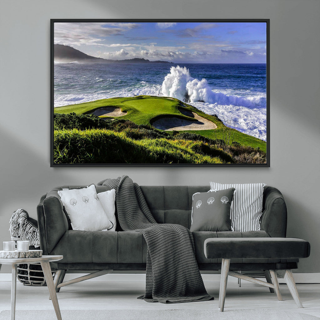 Ocean Waves Crashing Wall Art Canvas Print, Dramatic Rocky Coastline Near a Golf Course