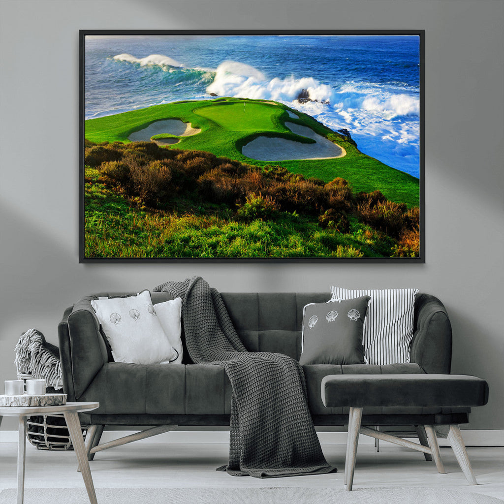 Coastal Golf Course Wall Art Canvas Print, Vibrant Green with Sand Bunkers and Ocean Waves