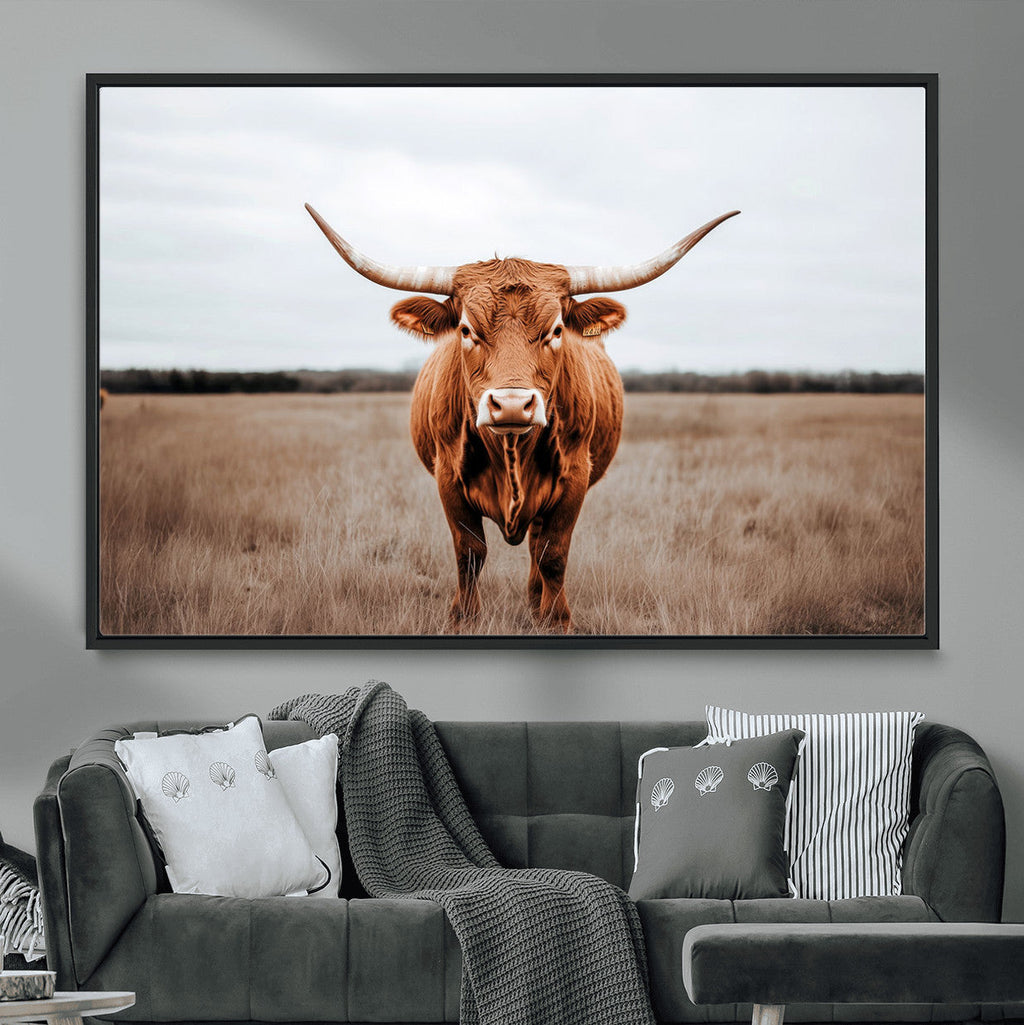 Longhorn Bull Wall Art Canvas Print, Framed Rustic Decor