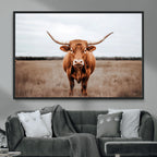 Longhorn Bull Wall Art Canvas Print, Framed Rustic Decor