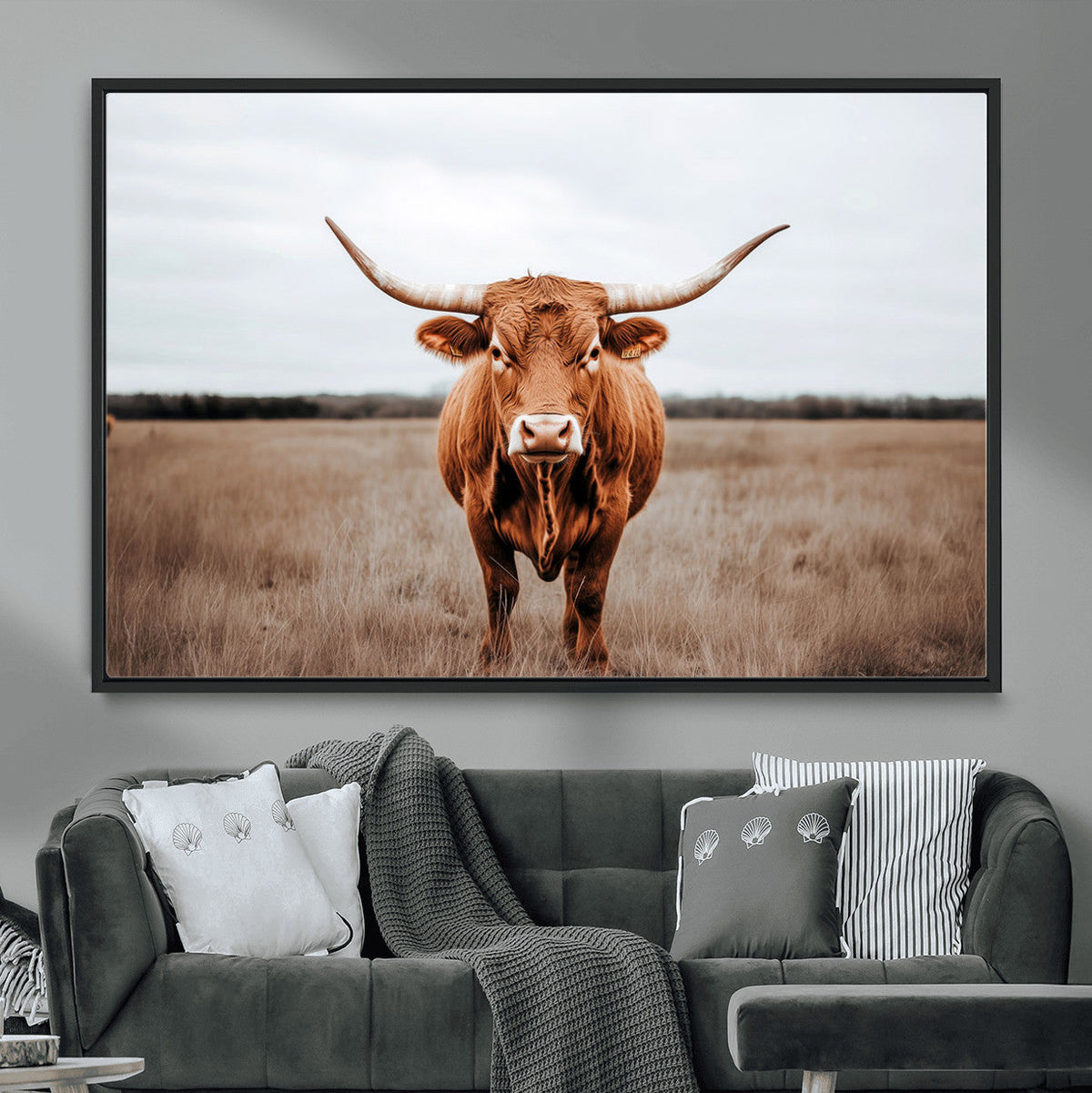 Longhorn Bull Wall Art Canvas Print, Framed Rustic Decor