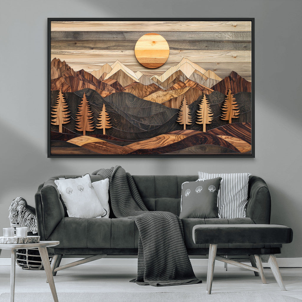 Wooden Mountain Layers Art | Rustic Pine Tree Landscape