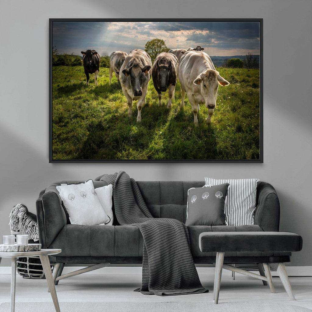 Grazing Cattle Herd Wall Art Canvas Print, Framed Green Pasture Farm Scene