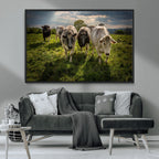 Grazing Cattle Herd Wall Art Canvas Print, Framed Green Pasture Farm Scene