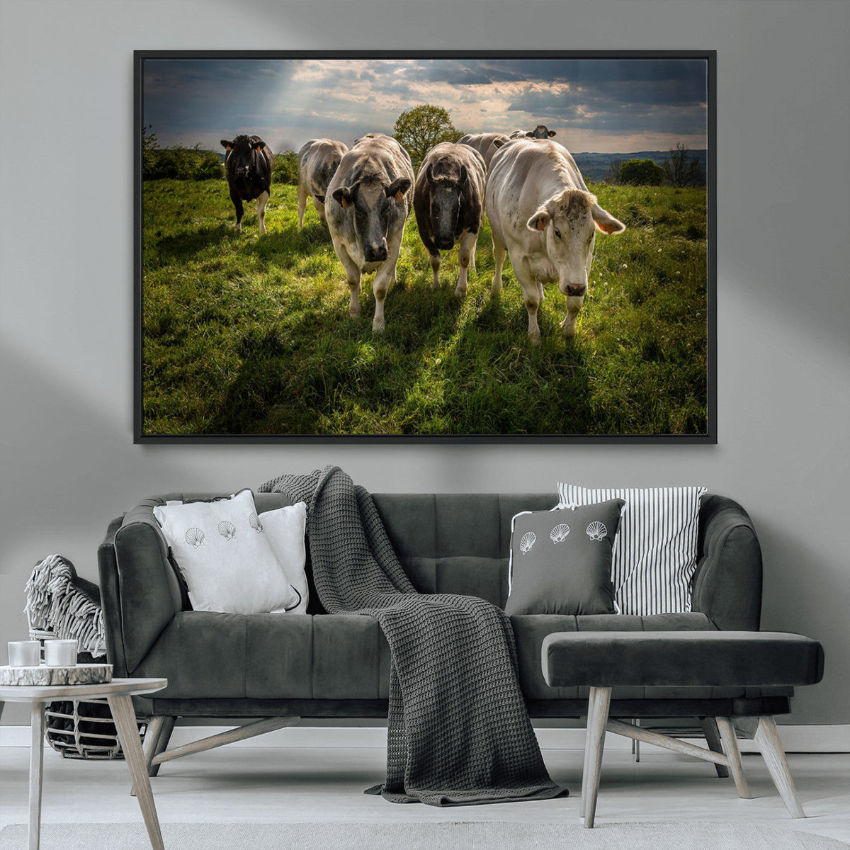Grazing Cattle Herd Wall Art Canvas Print, Framed Green Pasture Farm Scene