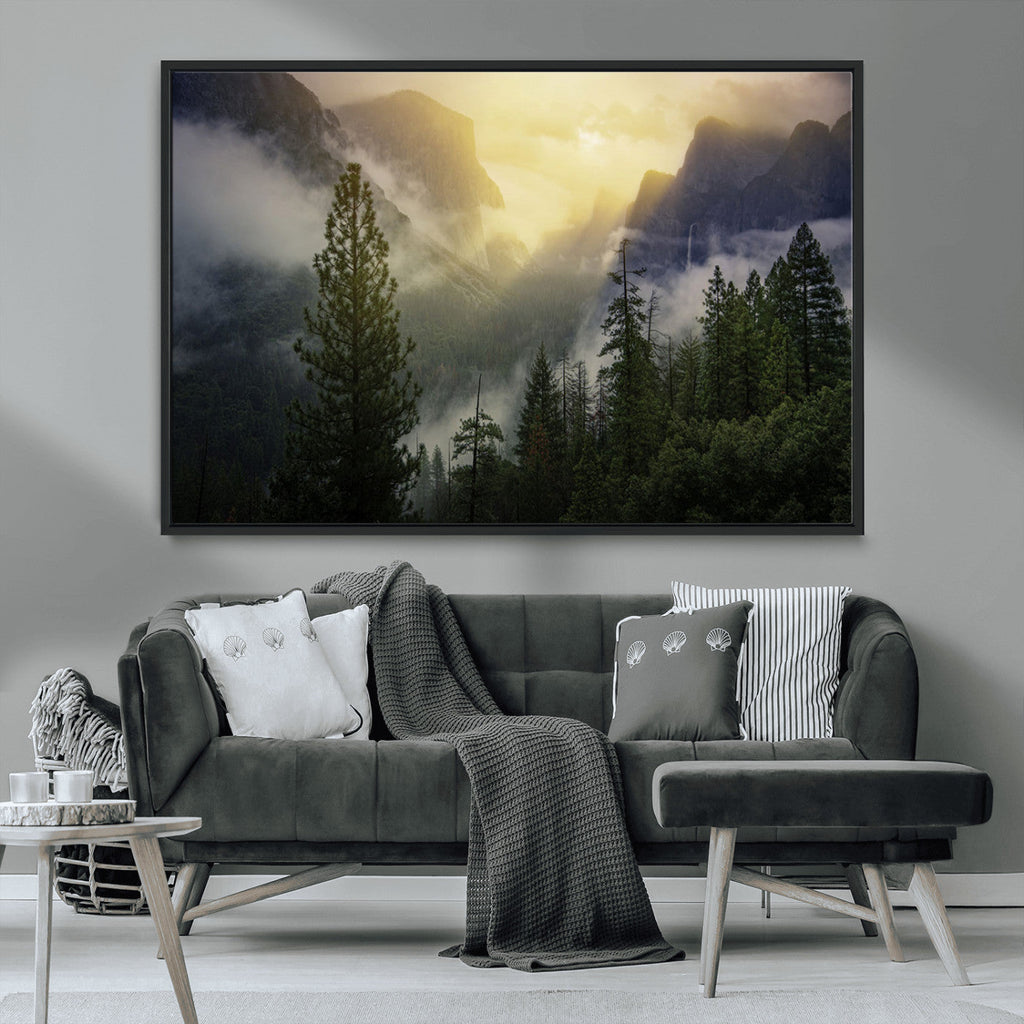 Misty Forest Sunrise Wall Art Canvas Print, Framed Mountain Valley Pine Trees