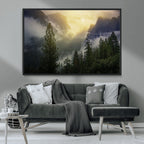 Misty Forest Sunrise Wall Art Canvas Print, Framed Mountain Valley Pine Trees
