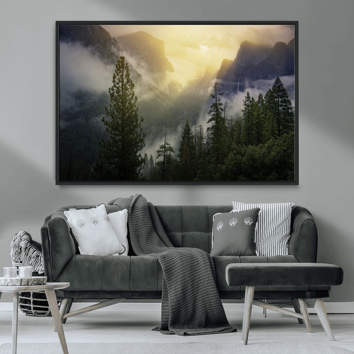 Misty Forest Sunrise Wall Art Canvas Print, Framed Mountain Valley Pine Trees