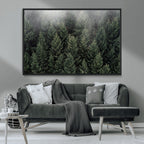 Misty Pine Forest Wall Art Canvas Print, Lush Green Trees Surrounded by Gentle Fog