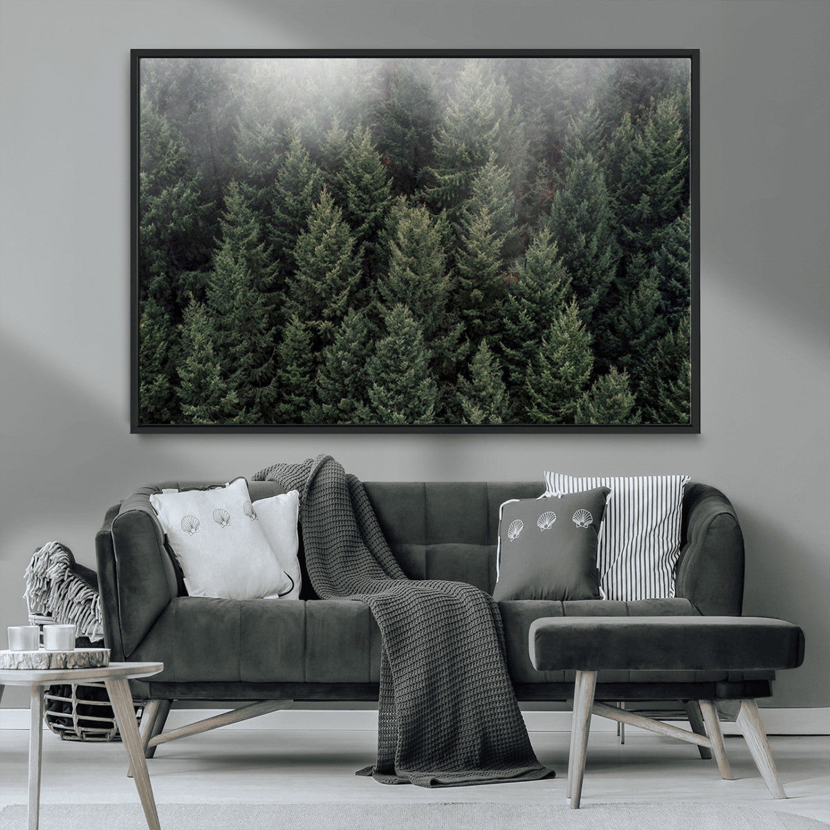 Misty Pine Forest Wall Art Canvas Print, Lush Green Trees Surrounded by Gentle Fog