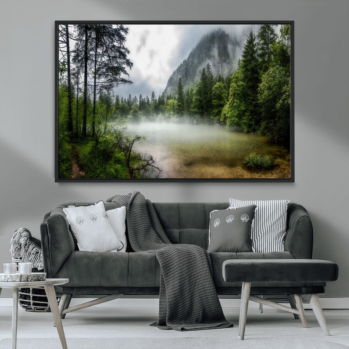 Misty Lake Forest Wall Art, Green Trees and Calm Water Reflection, Mountain Fog Landscape Canvas