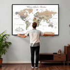 Custom Beige Push Pin World Map Wall Art, Bucket List Map, Study and Hallway Decor