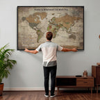 Personalized Beige Geometric World Map Canvas with Push Pins, Next Trip Planner Map, Study and Entryway Decor