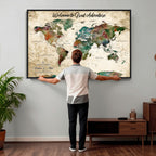 Personalized Beige Grunge World Map Canvas with Push Pins, Next Trip Planner Map, Family Room and Home Office Decor