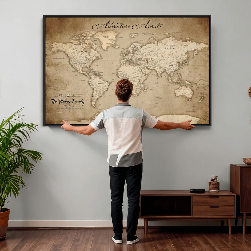 Personalized Black Modern Push Pin World Map Wall Art, Places Visited Tracker, Family Room and Bedroom Decor