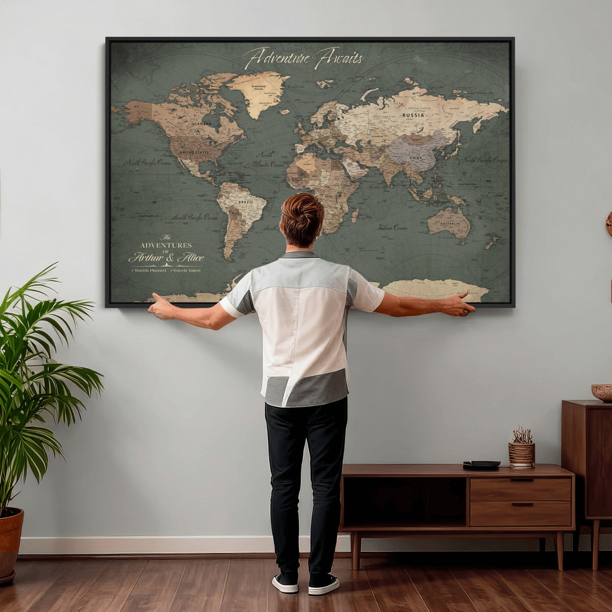 Personalized Framed Beige Modern World Map Canvas with Push Pins, Bucket List Map, Family Room and Dining Room Decor