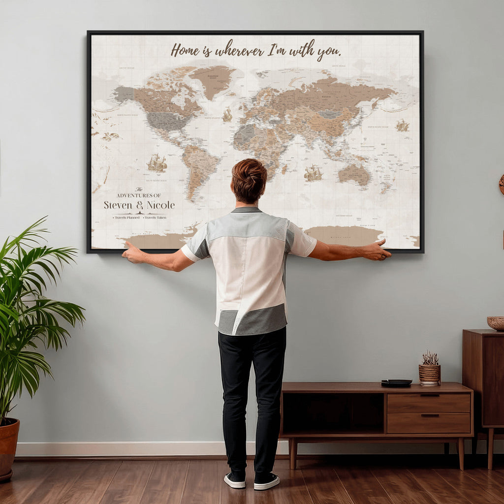 Personalized Beige Geometric Push Pin World Map Canvas Print, Countries Visited Map, Study and Home Office Decor