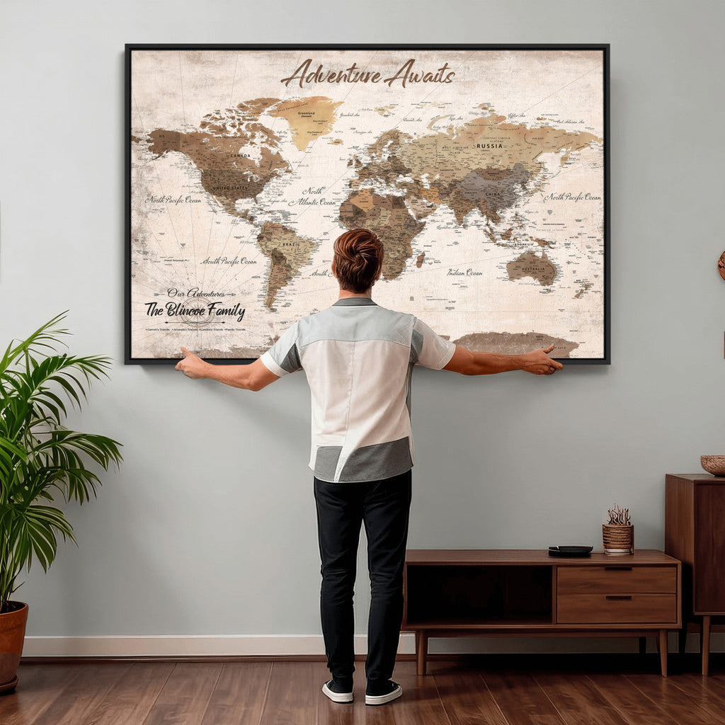 Custom Push Pin World Map Wall Art Canvas Print | Personalized Travel Tracker