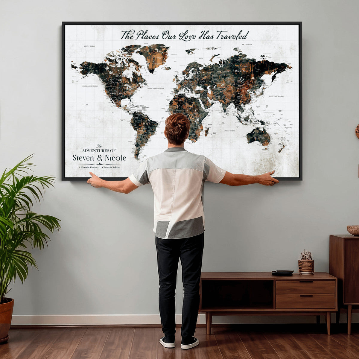 Custom Navy Geometric Push Pin World Map Canvas Print, Bucket List Map, Living Room and Home Office Decor